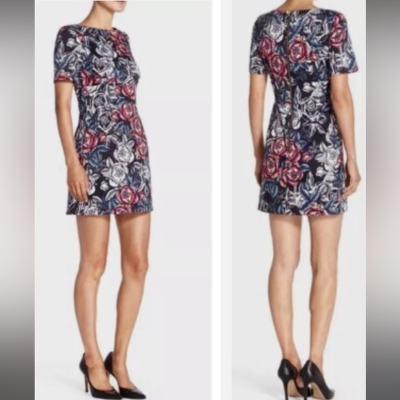 French Connection Rose Print Black/Multicolor Sheath Mini Dress Size 10/Large - Picture 1 of 7